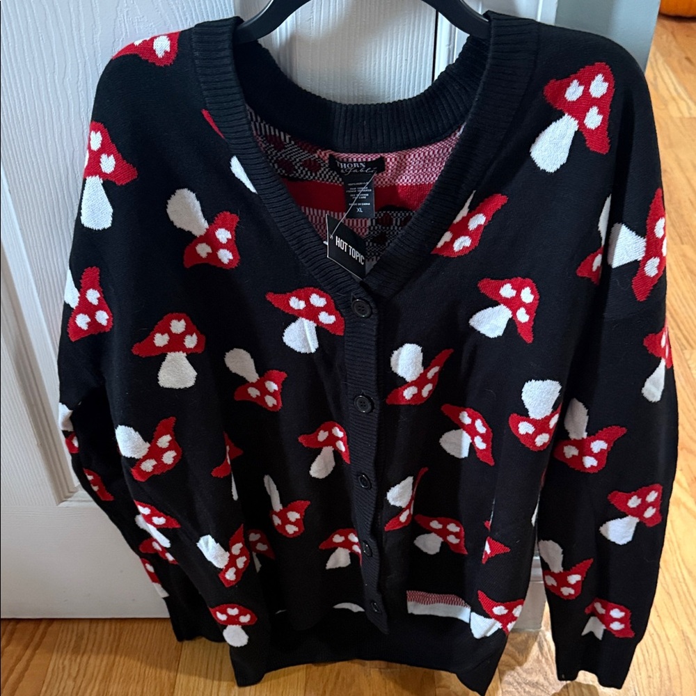 Hot Topic Black Cardigan with Red and White Mushroom Design